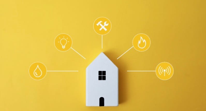 house model with sewer, water, and wifi icons