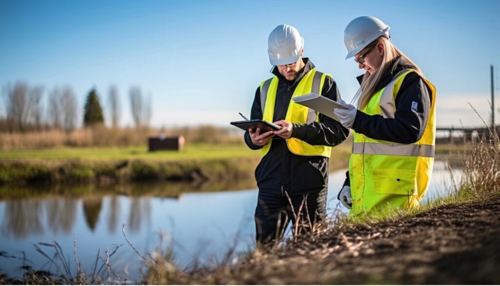 Construction workers surveying information next to waterway