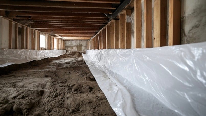 dirt floor basement with plastic vapor barrier in parts