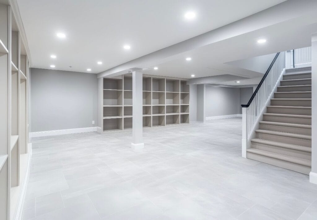 newly finished basement with recess ceiling lighting, new carpet and built ins. Fresh paint