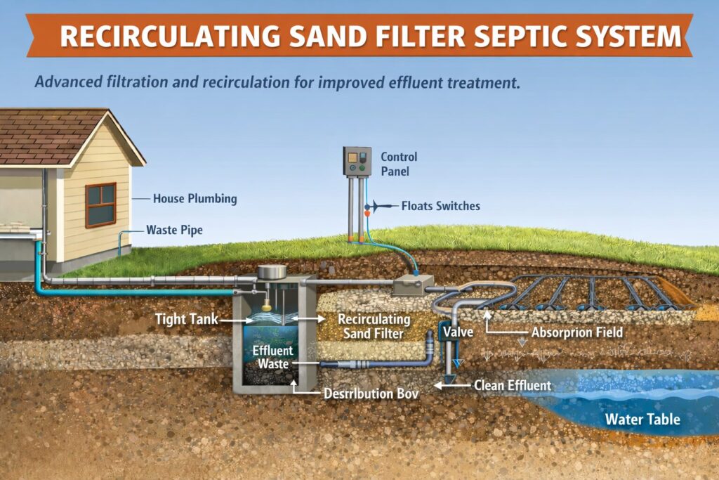 depiction of a recirculating sand filter septic system