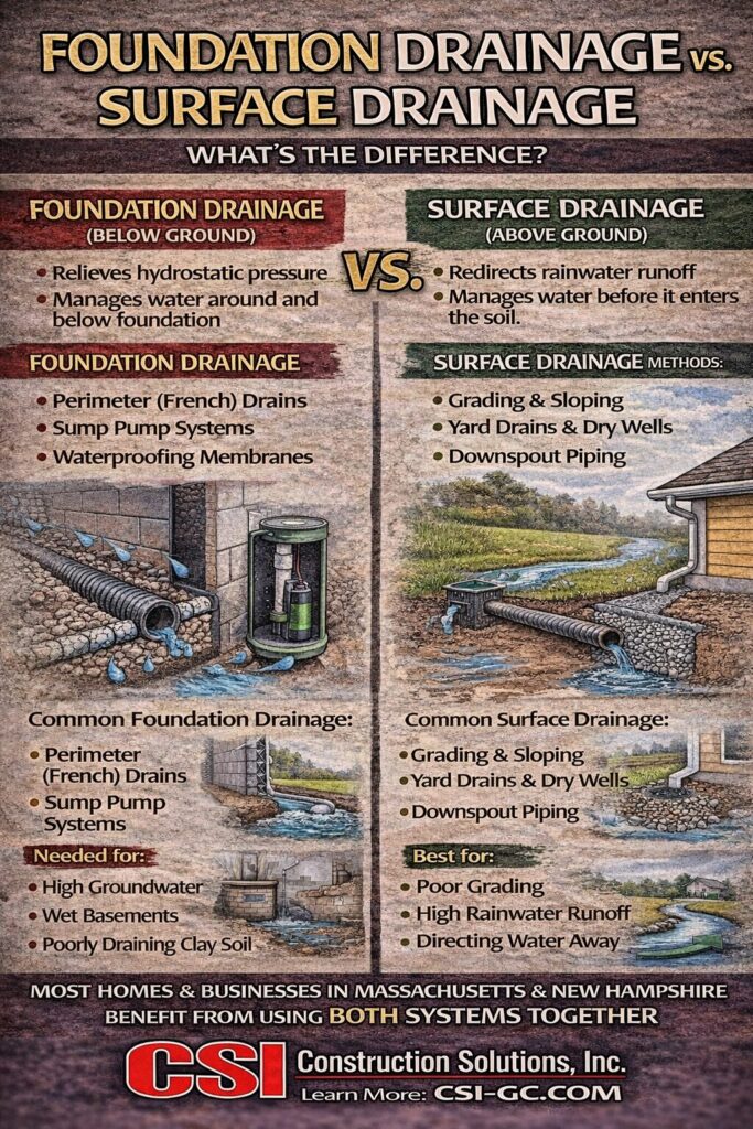foundation drainage vs surface water drainage infographic showing perimeter drain vs gutters
