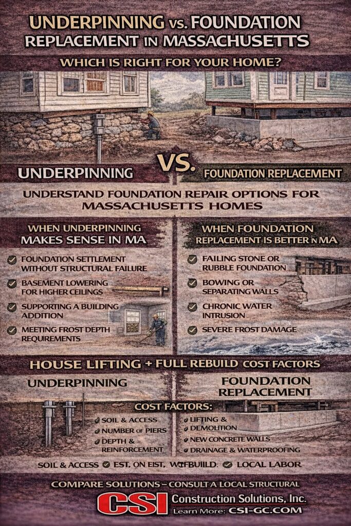 foundation underpinning verses replacement in Massachusetts pros and cons inphographic